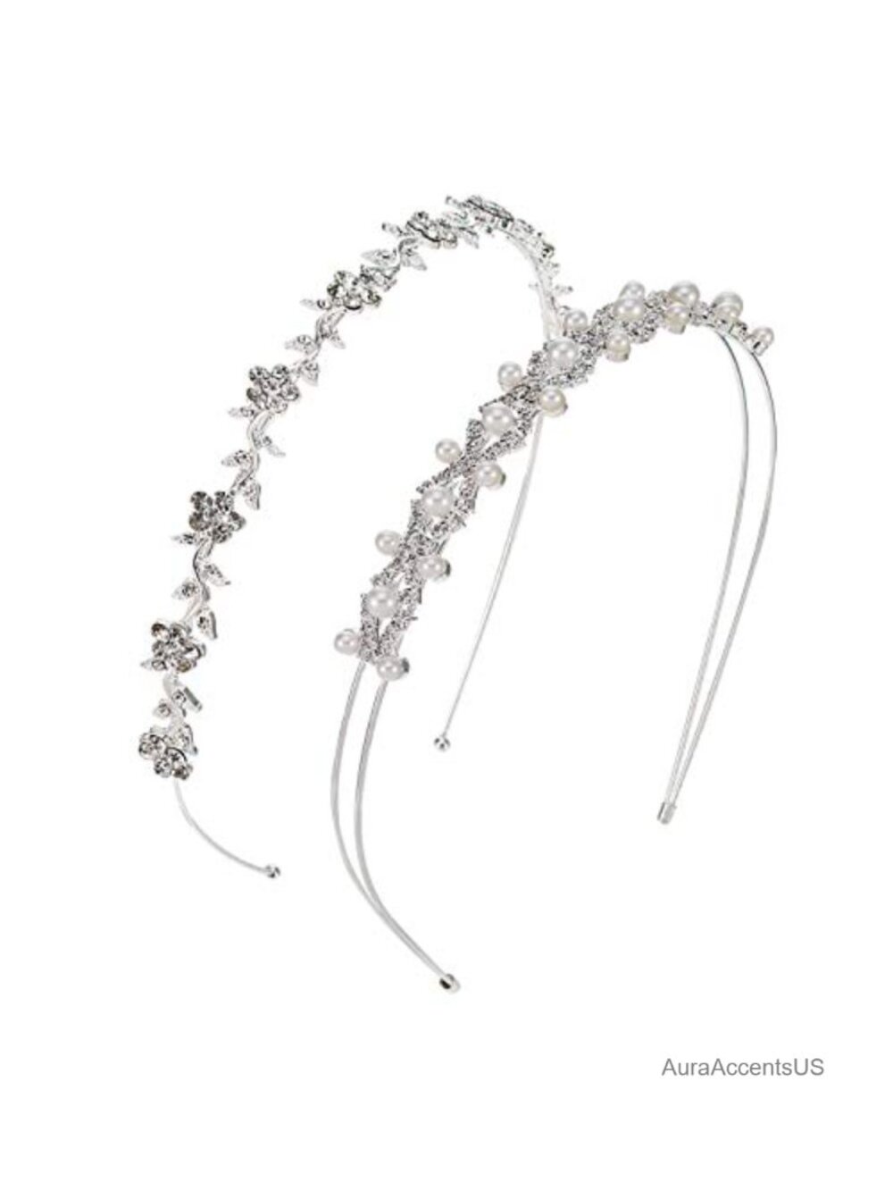 Rhinestone Headband Set 2 Pc Bridal Hair Accessory Alloy Silver Flower